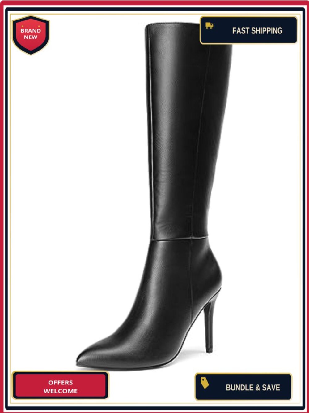 Pointed Toe Stiletto Knee High Boots Faux Leather Womens Dress Shoes Side Zip